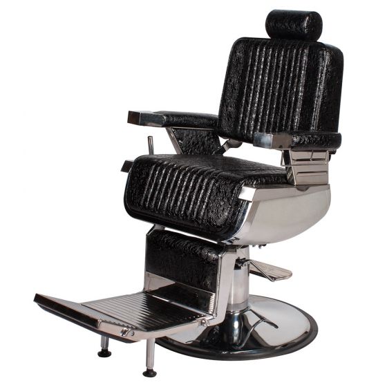 "CONSTANTINE" Classic Barber Chair in Patent Black Crocodile, Classic Barber Shop Furniture, Classic Barber Shop Equipment