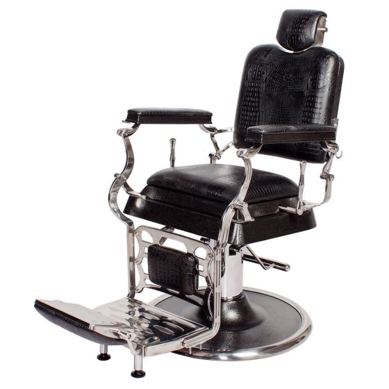 "EMPEROR" Barber Chair in Black Crocodile, barber shop equipment, barber shop chairs for sale