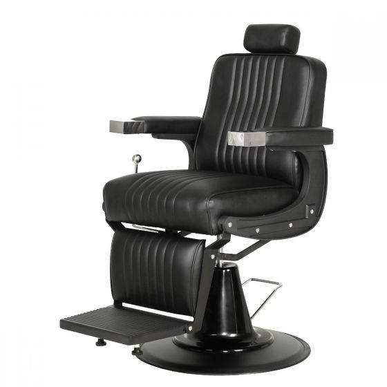 Matte black WorkLine barber chair with channel stitching and wide round base