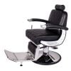 BARON heavy duty barber chair with matte black arms, white side accents, quilted black upholstery and extra large 26.6 inch chrome round base