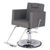"CANON" Reclining Salon Chair in Grey

Reclinable for versatile use, and sporting an adjustable and detachable headrest, the "CANON" chair accommodates a wide array of salon services. Anchored by an over-sized chrome round base, stability is as much a p