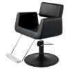 ATLAS salon styling chair in black vinyl with open sculpted seat and floating backrest