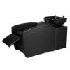 RIO shampoo bowl and chair with near-flat recline, kick-out footrest, stationary ceramic bowl and flexible plumbing. Professional salon shampoo station.