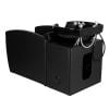 RIO shampoo bowl and chair with near-flat recline, kick-out footrest, stationary ceramic bowl and flexible plumbing. Professional salon shampoo station.