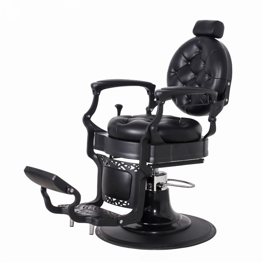THEODORE vintage barber chair in matte black with ornate footrest and round base