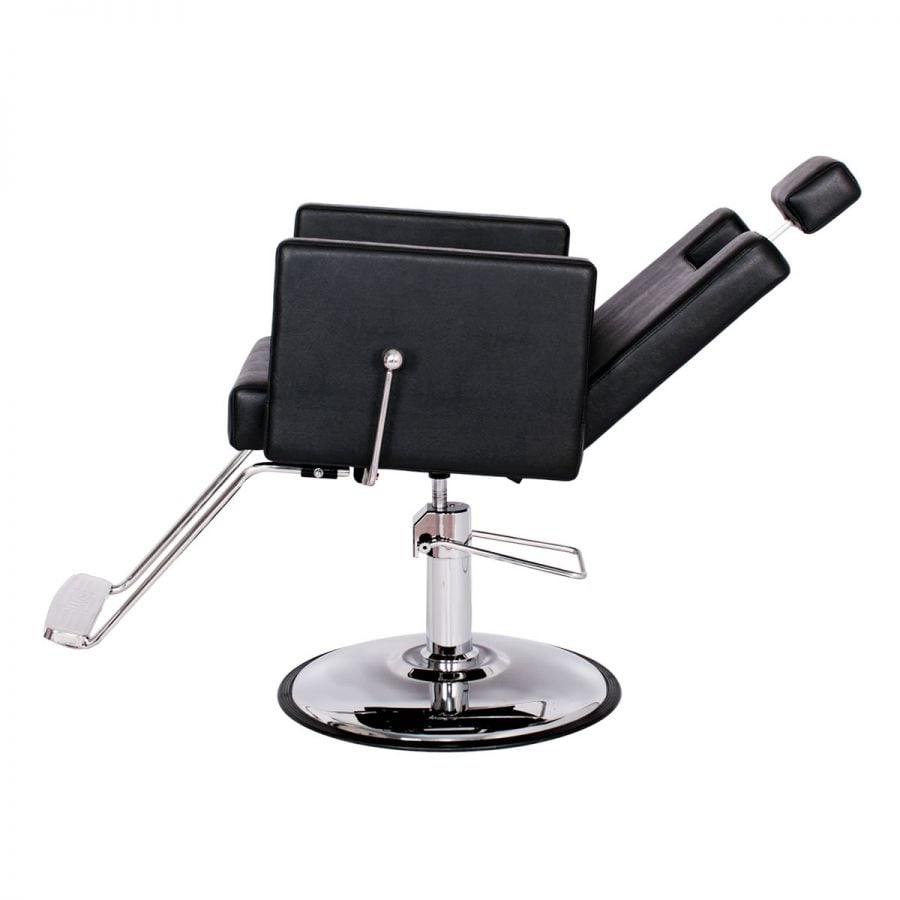 CANON reclining salon chair in black vinyl with square arms and adjustable headrest, recline view