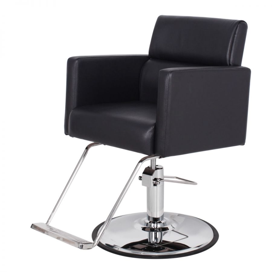 ATLANTA salon styling chair with squared silhouette and chrome hydraulic base