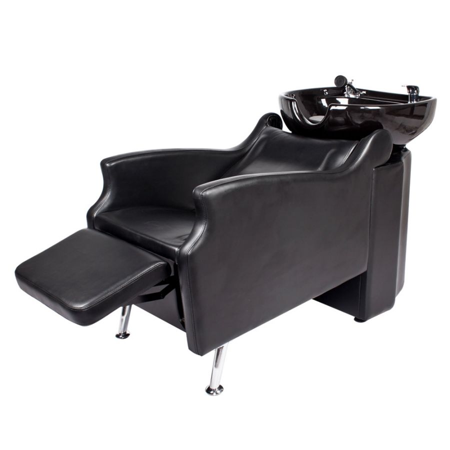 MISSISSIPPI shampoo backwash unit (G-038) with stationary ceramic bowl, built-in headrest, and attached kick-out footrest for near-flat reclining comfort. Equivalent of AVANT shampoo system.