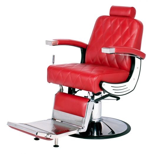 BARON heavy duty barber chair with matte black arms, white side accents, quilted black upholstery and extra large 26.6 inch chrome round base