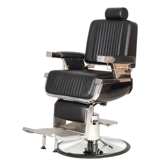 TITAN BLACK barber chair front view with black belly panel, ribbed black upholstery, stainless arm accents