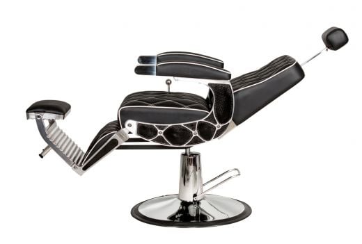 SOLOMON WorkLine barber chair with diamond-stitched black vinyl, cast aluminum arms, recline view