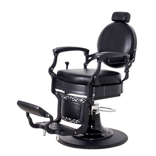 ROMANOS vintage barber chair (A-901BLK) with matte black frame, black vinyl upholstery, adjustable headrest, reclining backrest