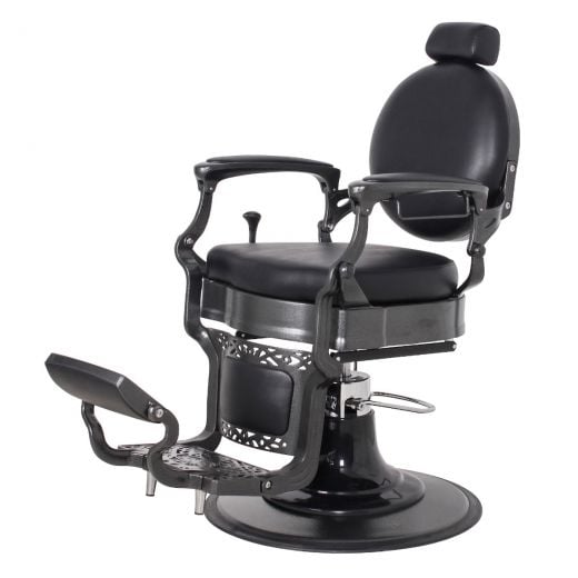 ROMANOS A-901SLV vintage barber chair with textured gunmetal frame, black upholstery, reclining back, adjustable headrest