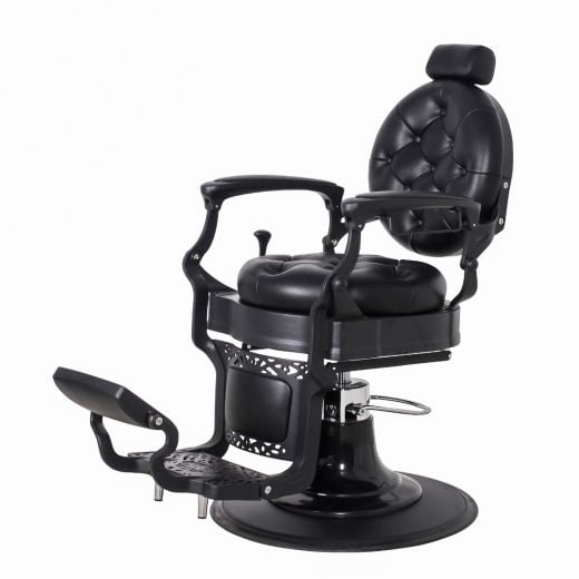 THEODORE vintage barber chair in matte black with ornate footrest and round base