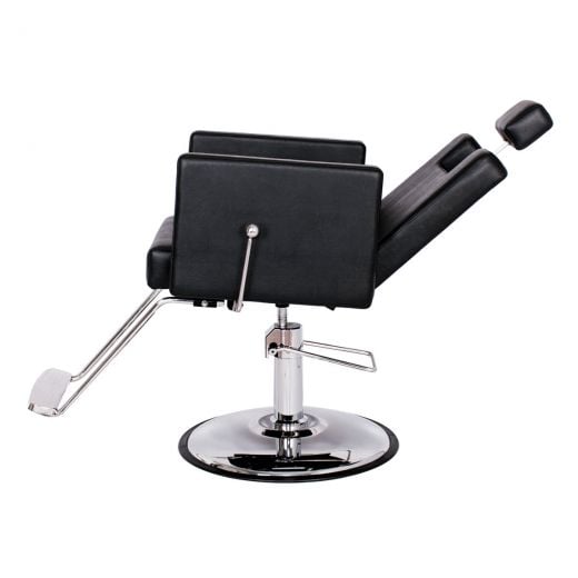 CANON reclining salon chair in black vinyl with square arms and adjustable headrest, recline view