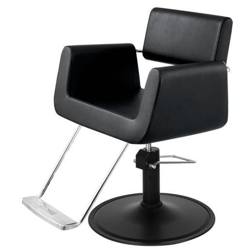 ATLAS salon styling chair in black vinyl with open sculpted seat and floating backrest