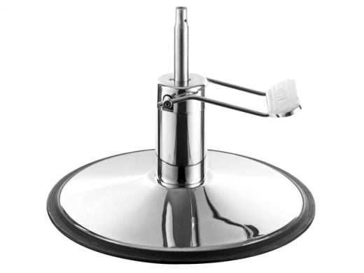 Heavy-duty chrome barber chair hydraulic base with extra-wide 26.8-inch round plate, rubber edge guard, and stainless pump pedal (A-101/A-102)