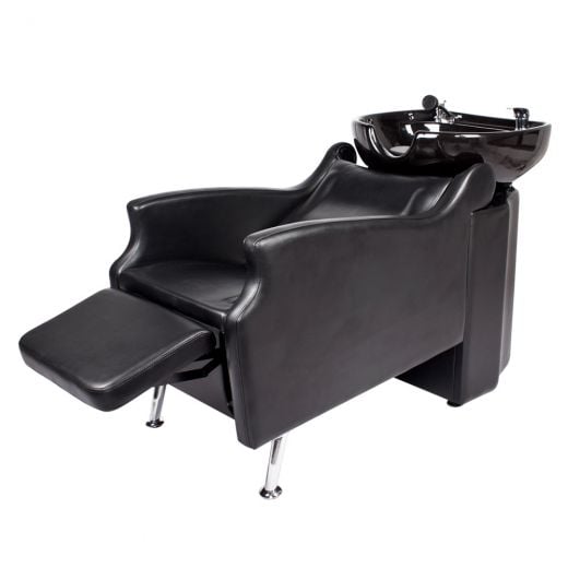 MISSISSIPPI shampoo backwash unit (G-038) with stationary ceramic bowl, built-in headrest, and attached kick-out footrest for near-flat reclining comfort. Equivalent of AVANT shampoo system.