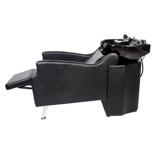 MISSISSIPPI shampoo backwash unit (G-038) with stationary ceramic bowl, built-in headrest, and attached kick-out footrest for near-flat reclining comfort. Equivalent of AVANT shampoo system.