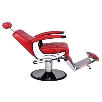 BARON heavy duty barber chair with matte black arms, white side accents, quilted black upholstery and extra large 26.6 inch chrome round base