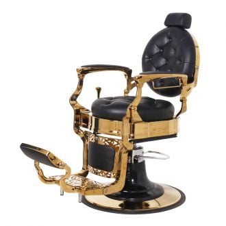 THEODORE Black & Gold Barber Chair (A-902GOL) – vintage tufted black upholstery, polished gold-plated frame, reclining backrest, and extra-large gold round base