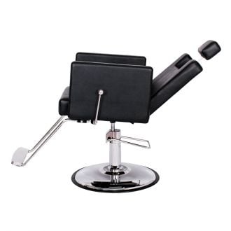 CANON reclining salon chair in black vinyl with square arms and adjustable headrest, recline view