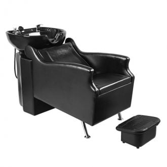 ISLAND Backwash Shampoo Unit (G-023) with stationary ceramic bowl and built-in headrest, upholstered salon wash chair with enclosed base and included freestanding footrest ottoman