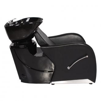 ODESSA (G-002) shampoo backwash unit with semi-reclining chair, adjustable tilting bowl, fiberglass base, and full fixture set included