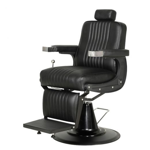 Matte black WorkLine barber chair with channel stitching and wide round base
